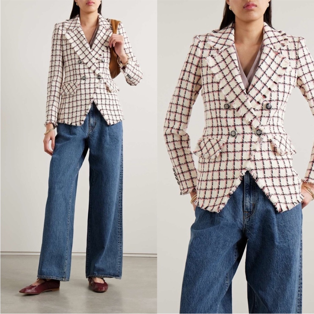 $648 Veronica Beard Luxury Tweed Fringe Taja Dickey Jacket Blazer White Black 8